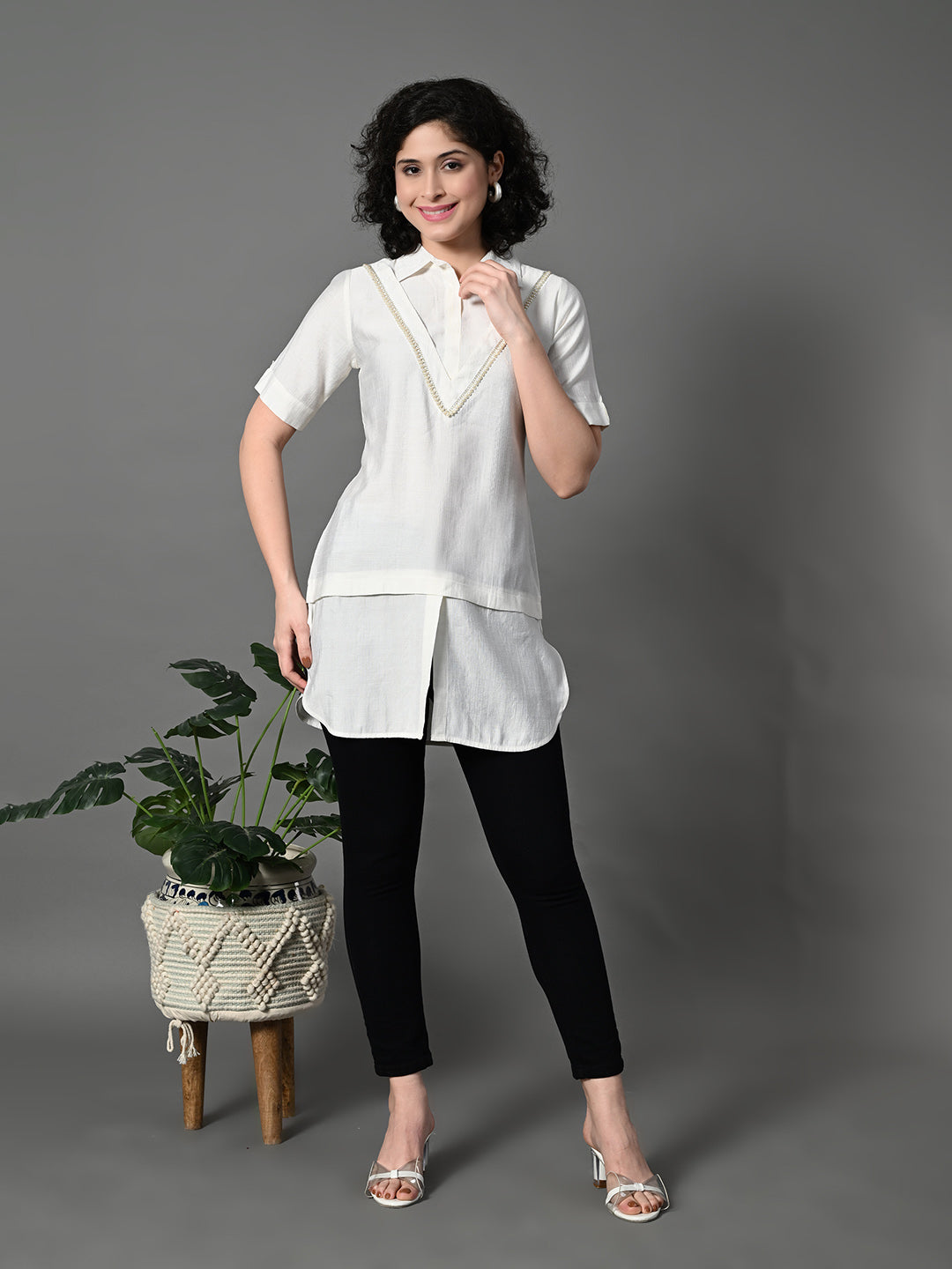 Myshka Women's Solid A-Line Collared Neck Casual Tunic In White Colour | Grocsy
