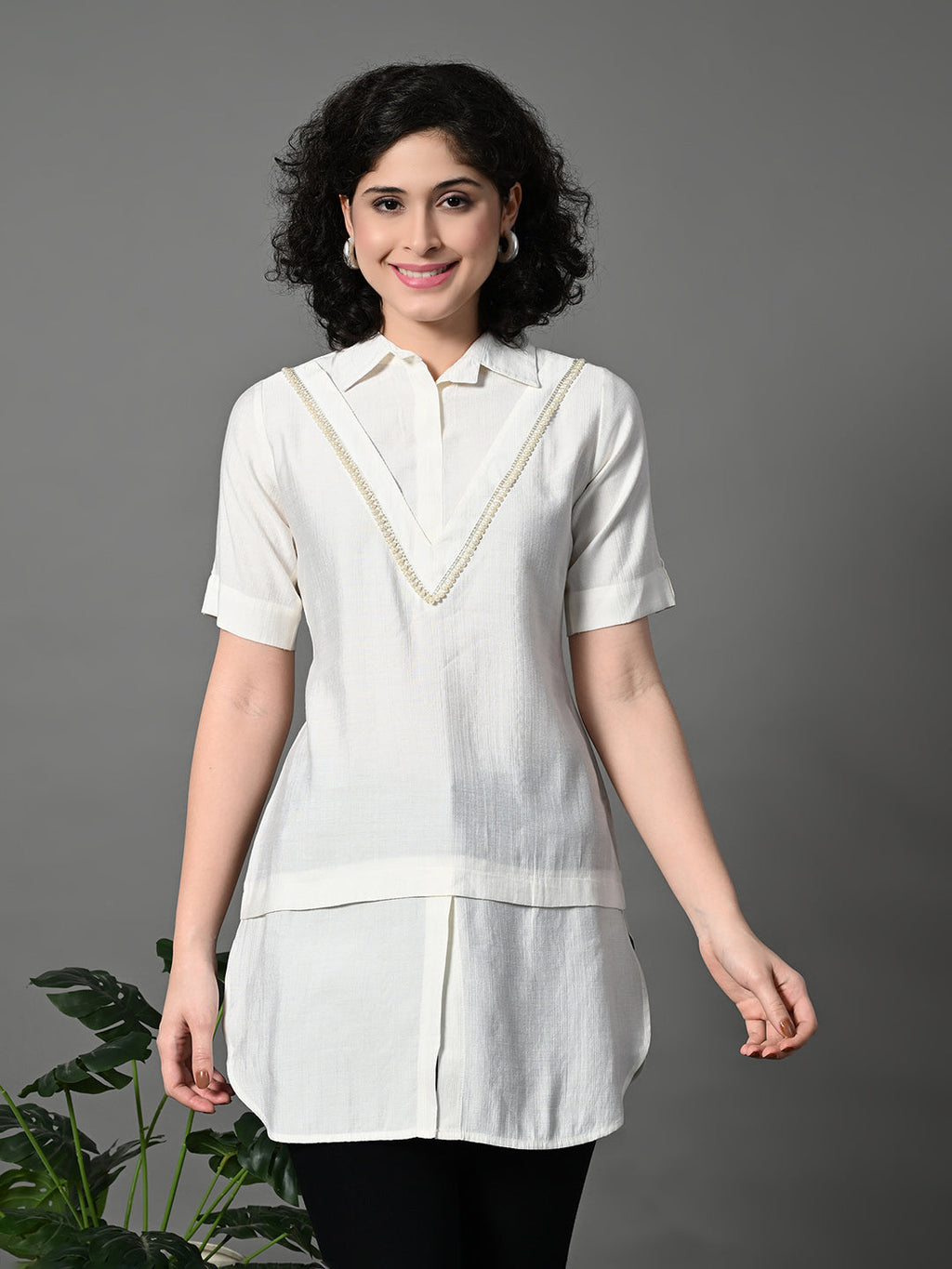 Myshka Women's Solid A-Line Collared Neck Casual Tunic In White Colour | Grocsy