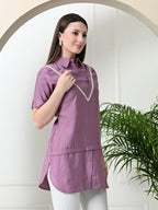 Myshka Women's Solid A-Line Collared Neck Casual Tunic In Lavender Colour | Grocsy