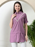 Myshka Women's Solid A-Line Collared Neck Casual Tunic In Lavender Colour | Grocsy