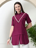 Myshka Women's Solid A-Line Collared Neck Casual Tunic In Magenta Colour | Grocsy