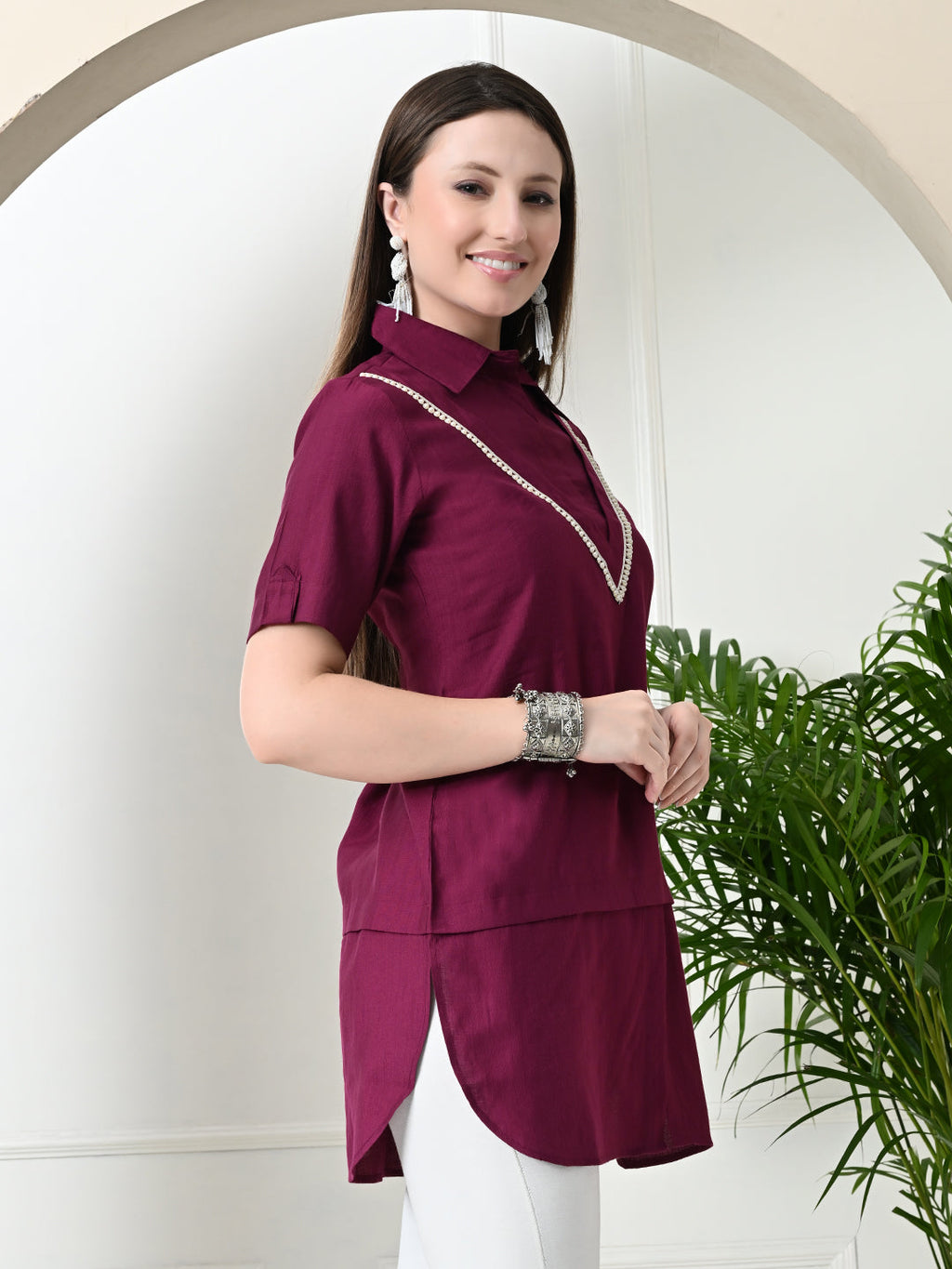 Myshka Women's Solid A-Line Collared Neck Casual Tunic In Magenta Colour | Grocsy