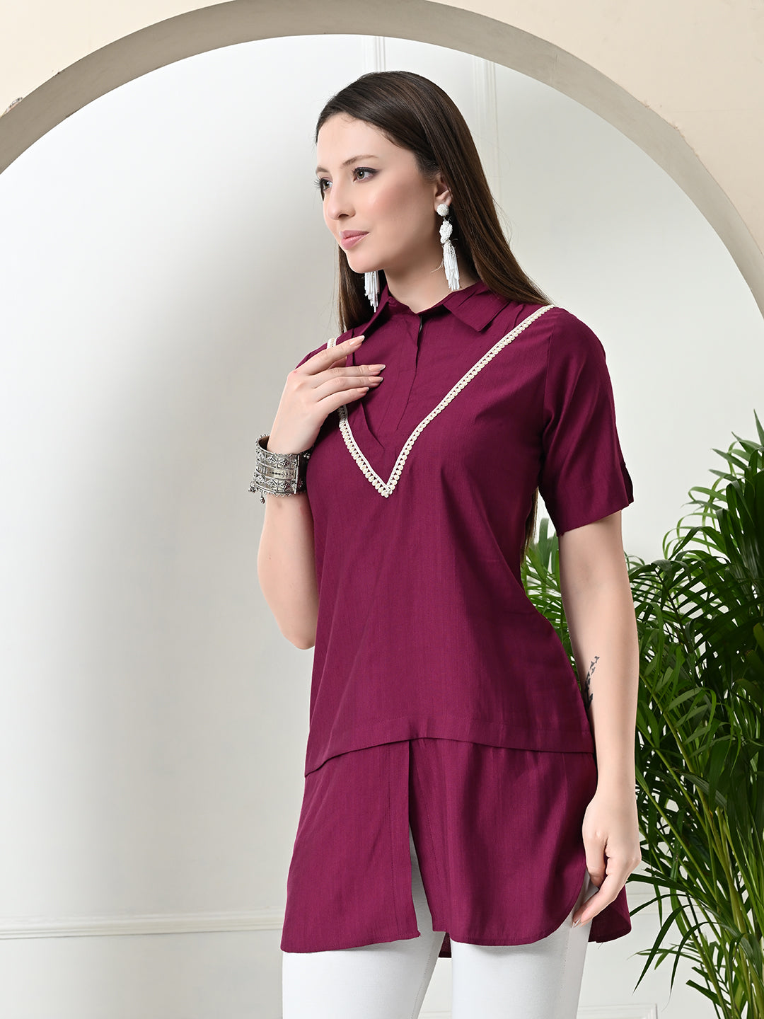 Myshka Women's Solid A-Line Collared Neck Casual Tunic In Magenta Colour | Grocsy