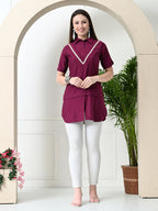 Myshka Women's Solid A-Line Collared Neck Casual Tunic In Magenta Colour | Grocsy
