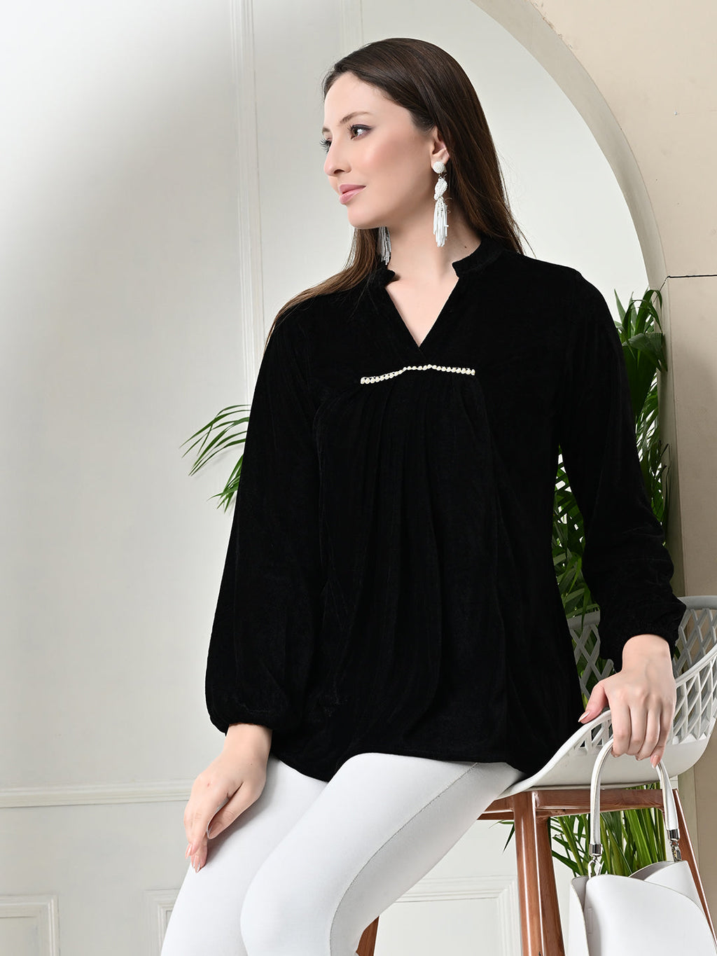 Myshka Women's Velvet A-Line Collared Neck Party Tunic In Black Colour | Grocsy