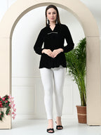Myshka Women's Velvet A-Line Collared Neck Party Tunic In Black Colour | Grocsy