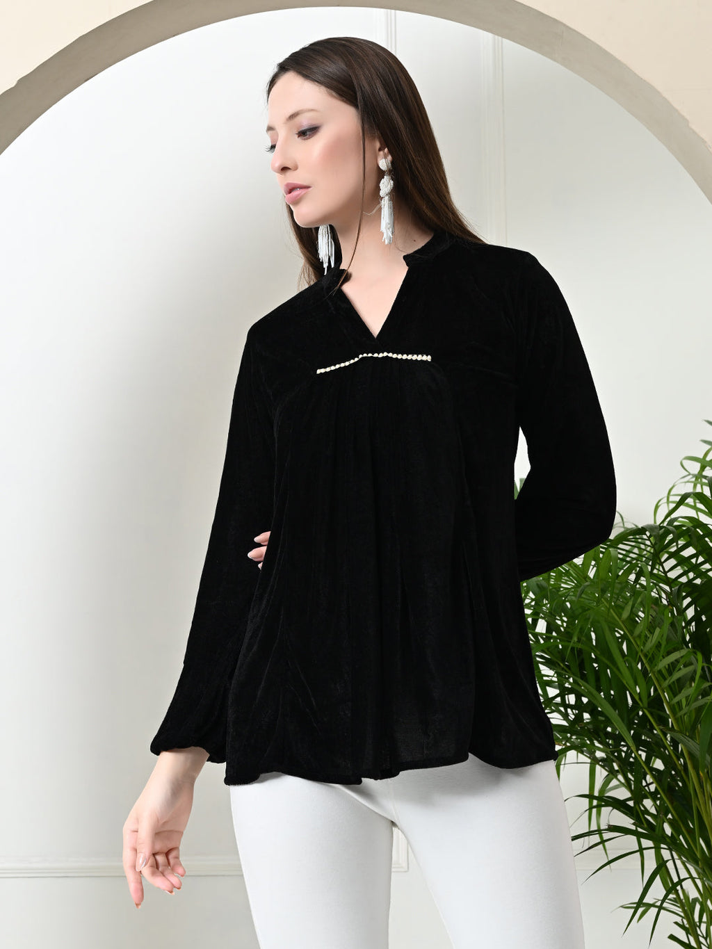 Myshka Women's Velvet A-Line Collared Neck Party Tunic In Black Colour | Grocsy