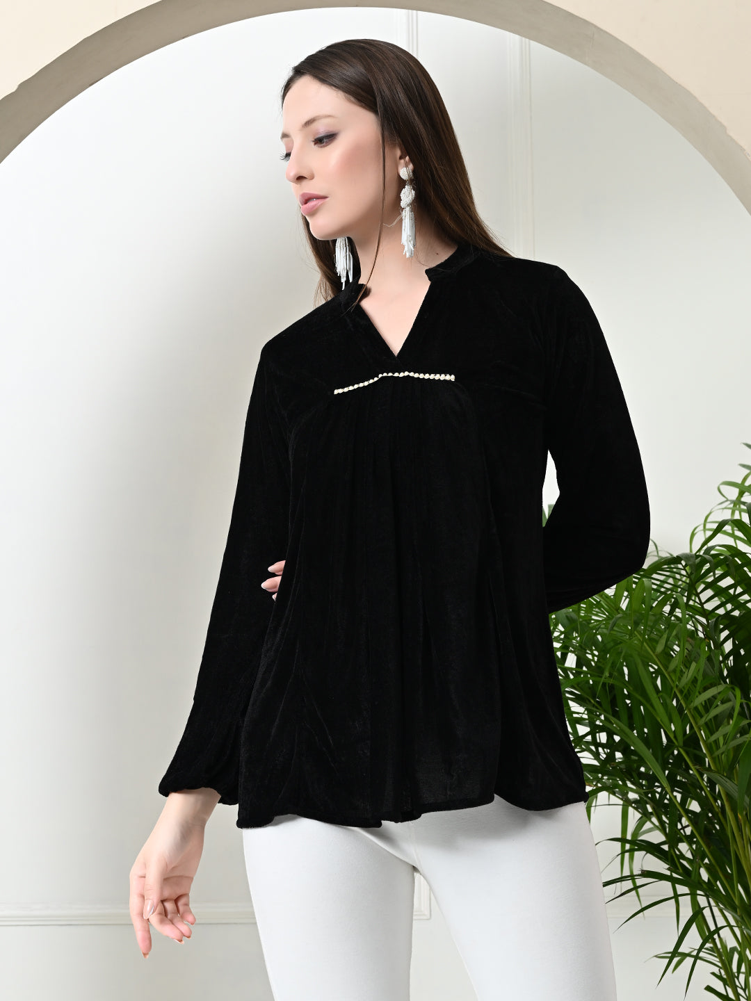 Myshka Women's Velvet A-Line Collared Neck Party Tunic In Black Colour | Grocsy