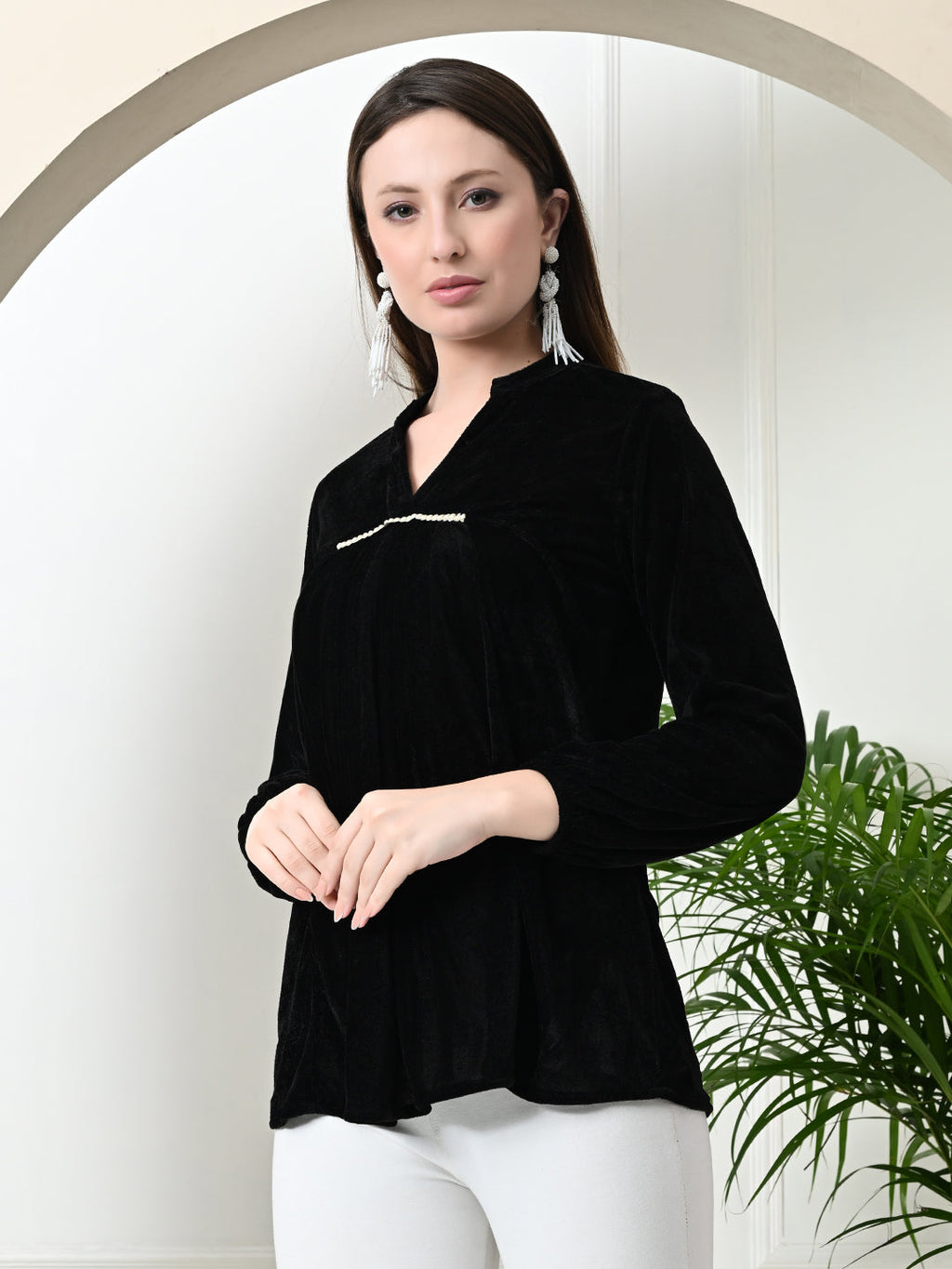 Myshka Women's Velvet A-Line Collared Neck Party Tunic In Black Colour | Grocsy