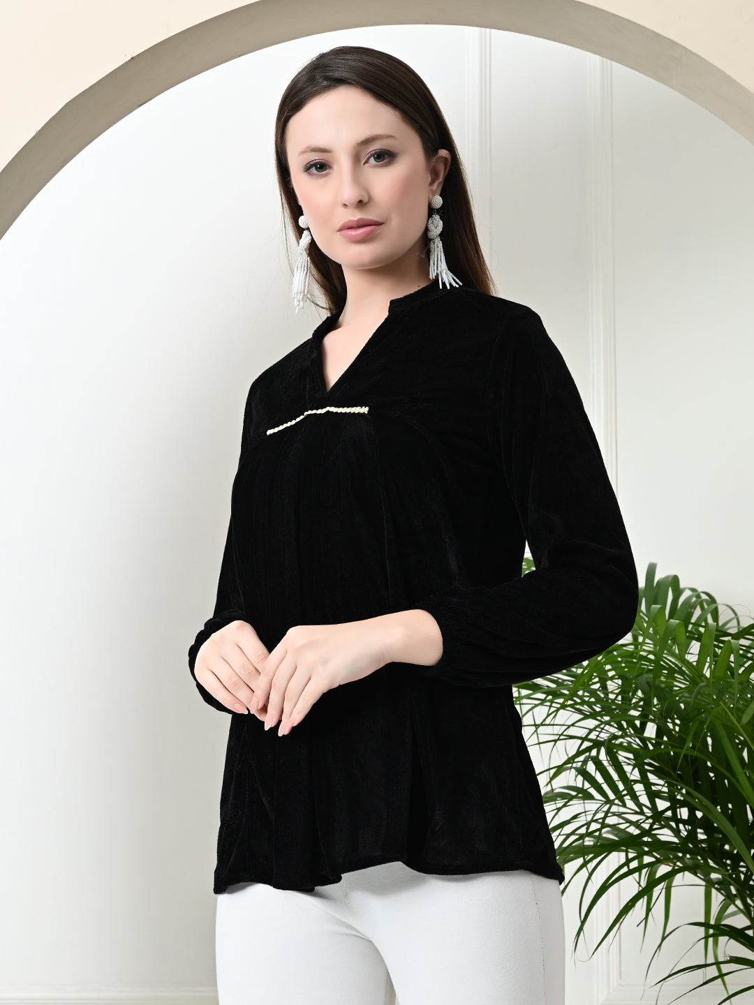 Myshka Women's Velvet A-Line Collared Neck Party Tunic In Black Colour | Grocsy