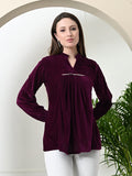 Myshka Women's Velvet A-Line Collared Neck Party Tunic In Wine Colour | Grocsy