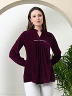 Myshka Women's Velvet A-Line Collared Neck Party Tunic In Wine Colour | Grocsy