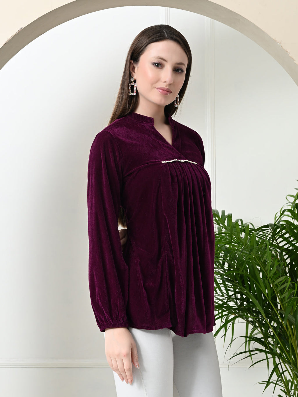 Myshka Women's Velvet A-Line Collared Neck Party Tunic In Wine Colour | Grocsy