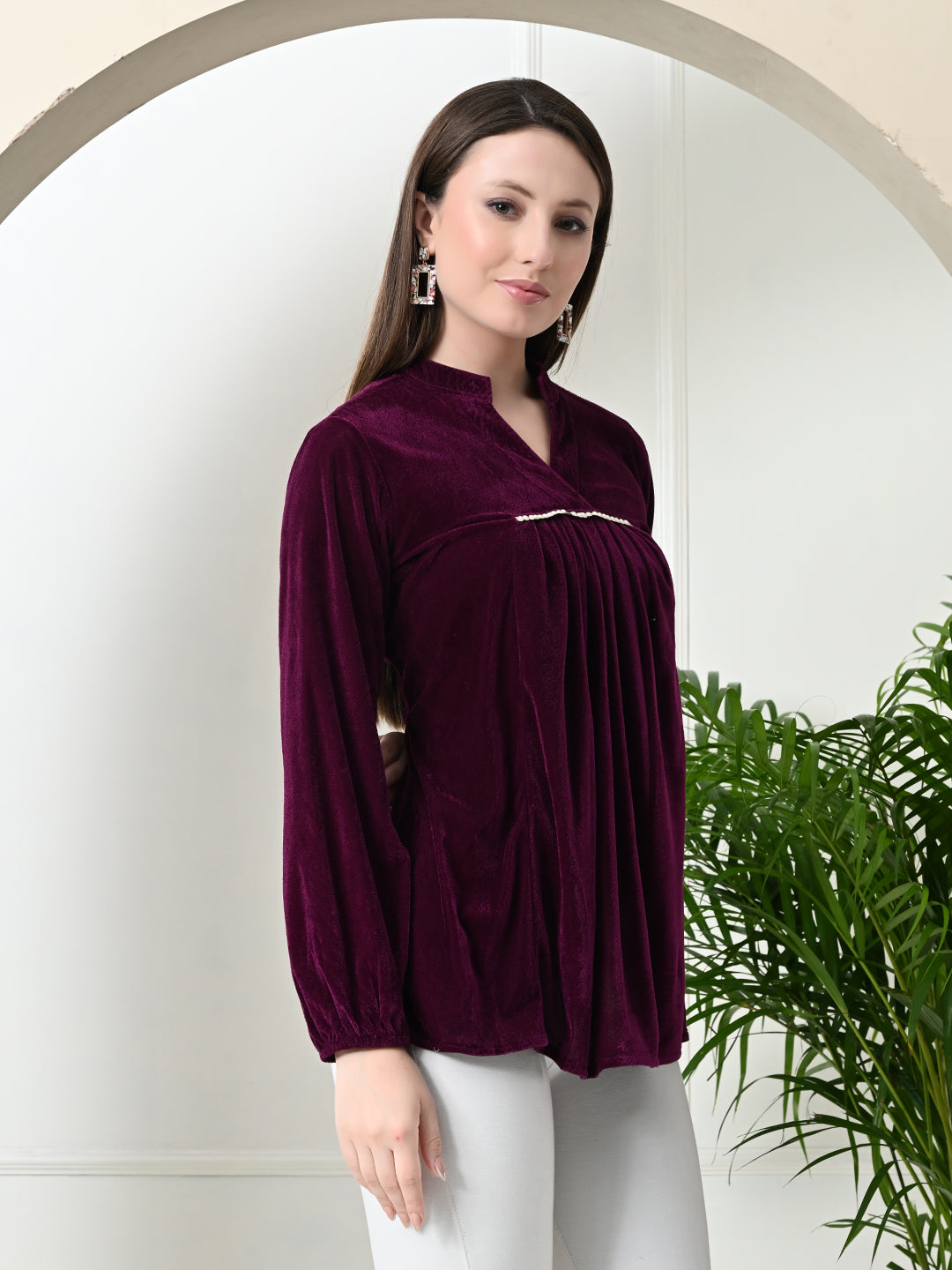 Myshka Women's Velvet A-Line Collared Neck Party Tunic In Wine Colour | Grocsy