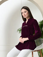Myshka Women's Velvet A-Line Collared Neck Party Tunic In Wine Colour | Grocsy