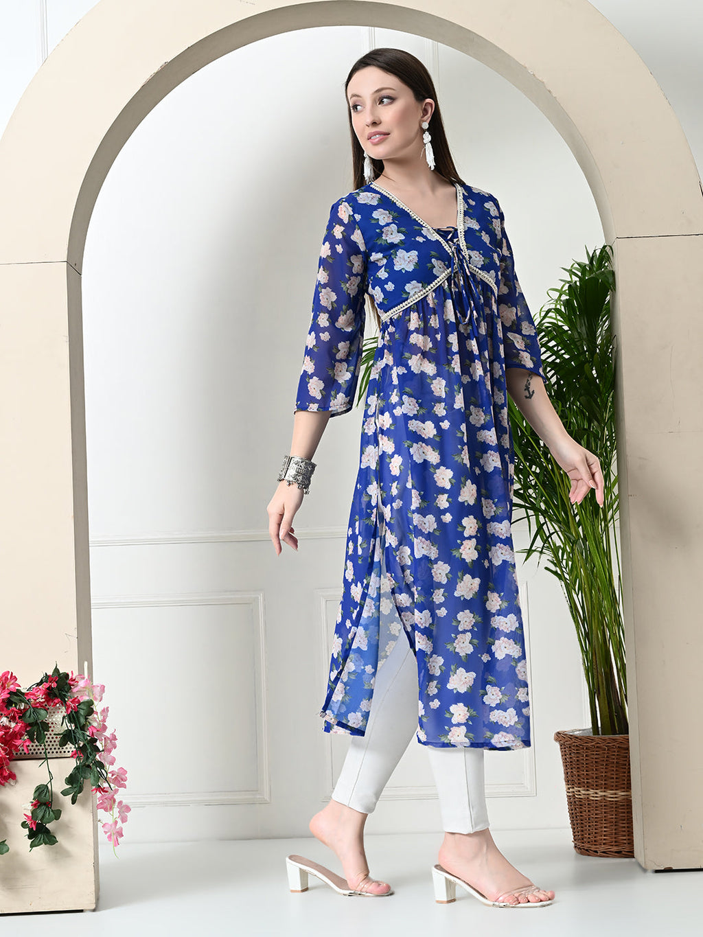 Myshka Women's Blue Printed Georgette A-Line Nyra-cut Kurta | Grocsy