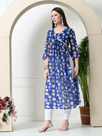 Myshka Women's Blue Printed Georgette A-Line Nyra-cut Kurta | Grocsy