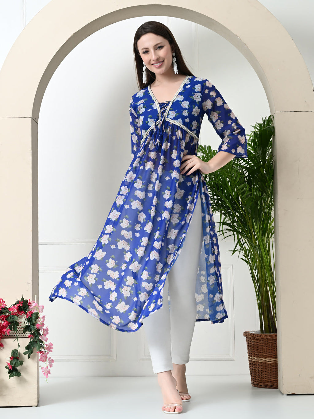 Myshka Women's Blue Printed Georgette A-Line Nyra-cut Kurta | Grocsy