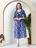 Myshka Women's Blue Printed Georgette A-Line Nyra-cut Kurta | Grocsy