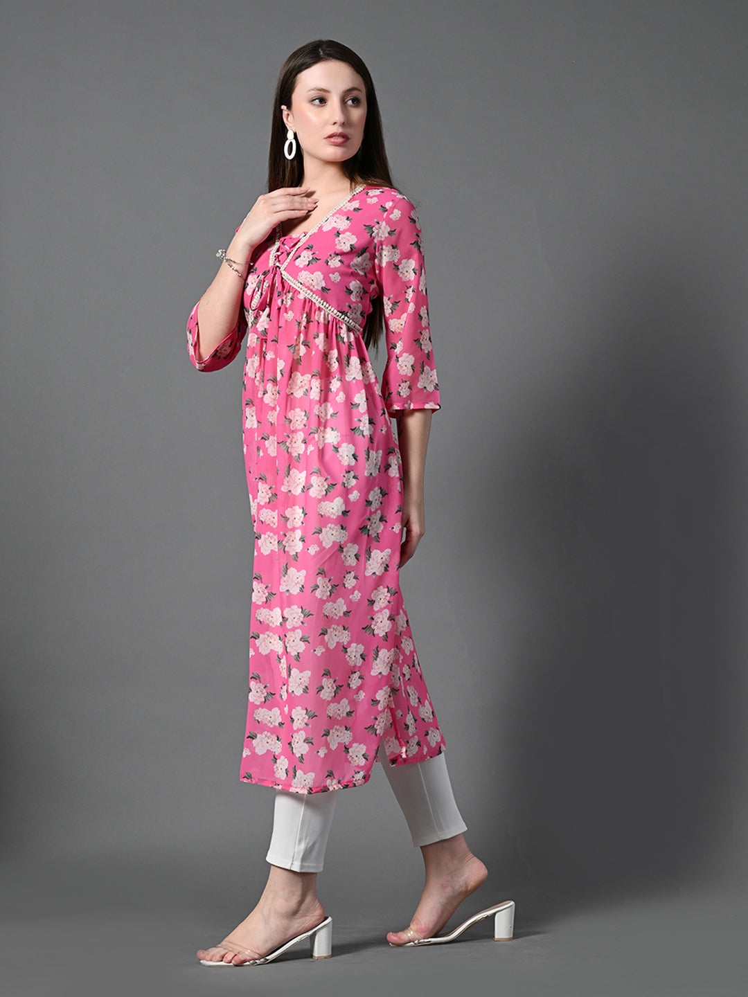 Myshka Women's Pink Printed Georgette A-Line Nyra-cut Kurta | Grocsy