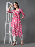 Myshka Women's Pink Printed Georgette A-Line Nyra-cut Kurta | Grocsy
