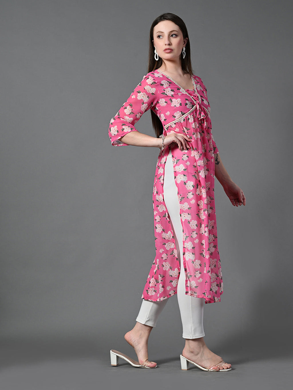Myshka Women's Pink Printed Georgette A-Line Nyra-cut Kurta | Grocsy