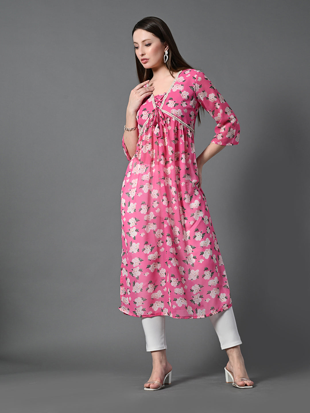 Myshka Women's Pink Printed Georgette A-Line Nyra-cut Kurta | Grocsy