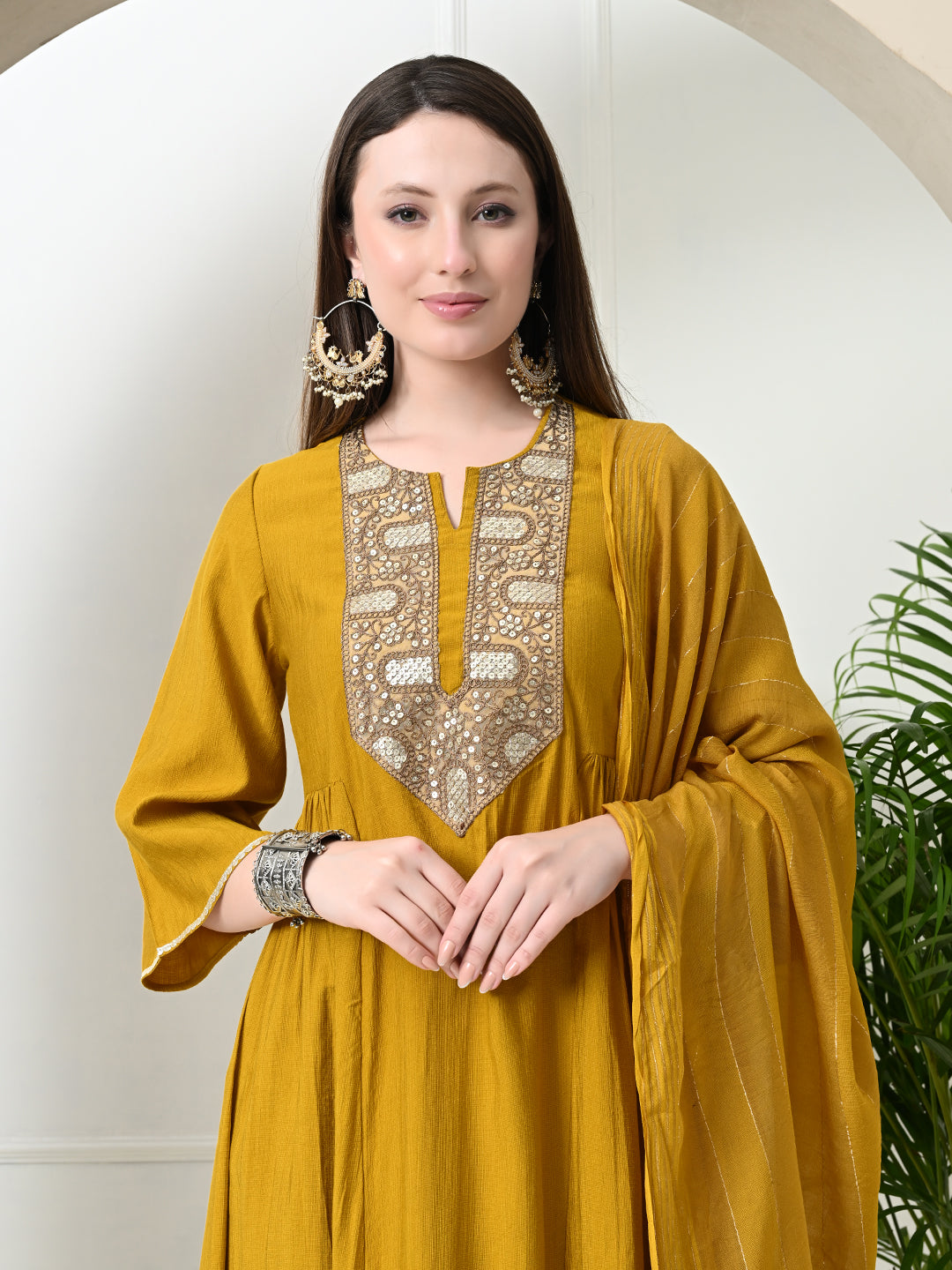 Myshka Women's Embroidered Keyhole Neck Bell Sleeves Kurta & Palazzos With Dupatta Sets in Musterd Colour | Grocsy
