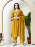 Myshka Women's Embroidered Keyhole Neck Bell Sleeves Kurta & Palazzos With Dupatta Sets in Musterd Colour | Grocsy