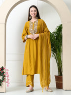 Myshka Women's Embroidered Keyhole Neck Bell Sleeves Kurta & Palazzos With Dupatta Sets in Musterd Colour | Grocsy