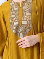 Myshka Women's Embroidered Keyhole Neck Bell Sleeves Kurta & Palazzos With Dupatta Sets in Musterd Colour | Grocsy