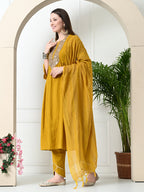 Myshka Women's Embroidered Keyhole Neck Bell Sleeves Kurta & Palazzos With Dupatta Sets in Musterd Colour | Grocsy