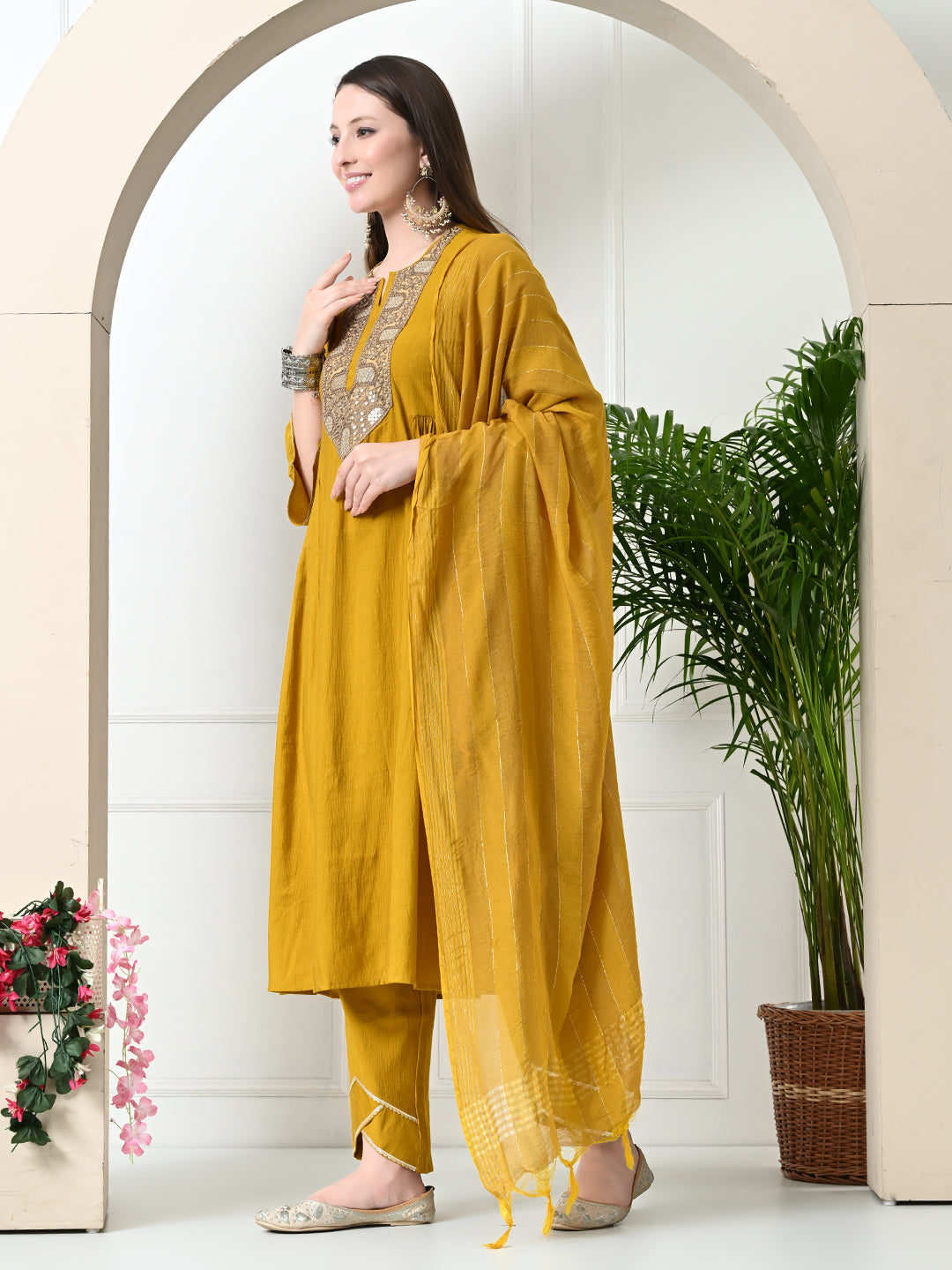 Myshka Women's Embroidered Keyhole Neck Bell Sleeves Kurta & Palazzos With Dupatta Sets in Musterd Colour | Grocsy
