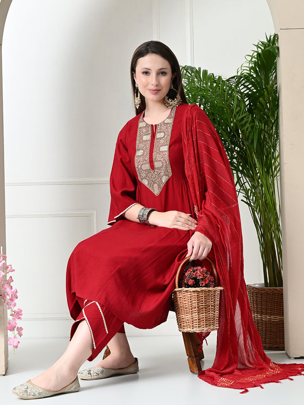 Myshka Women's Embroidered Keyhole Neck Bell Sleeves Kurta & Palazzos With Dupatta Sets in Red Colour | Grocsy
