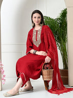 Myshka Women's Embroidered Keyhole Neck Bell Sleeves Kurta & Palazzos With Dupatta Sets in Red Colour | Grocsy