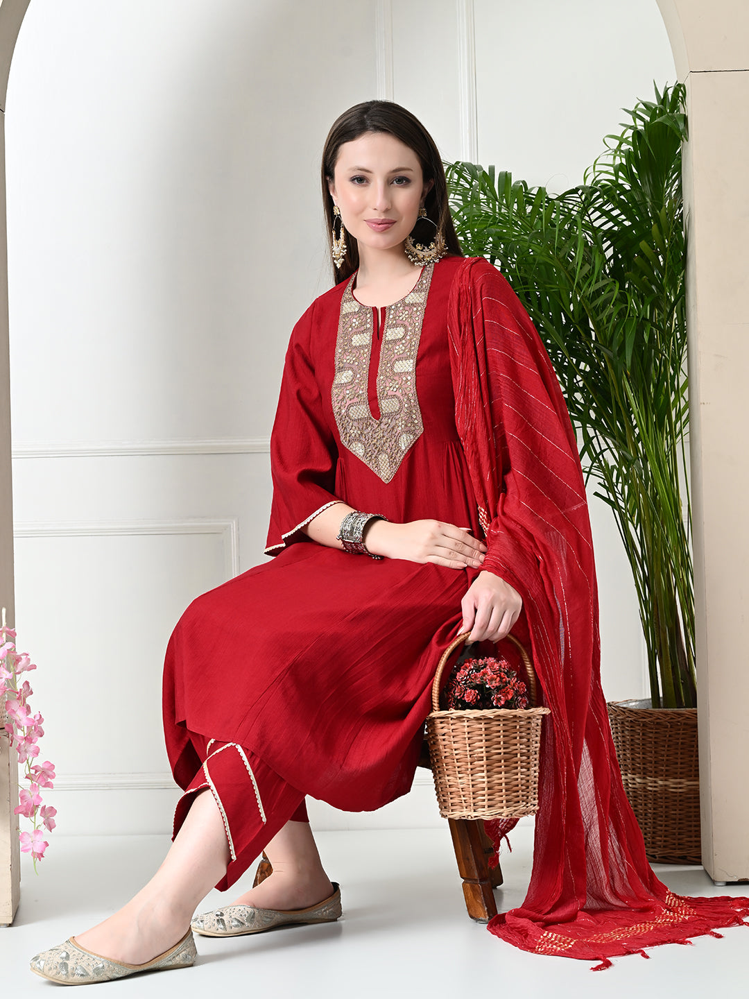 Myshka Women's Embroidered Keyhole Neck Bell Sleeves Kurta & Palazzos With Dupatta Sets in Red Colour | Grocsy