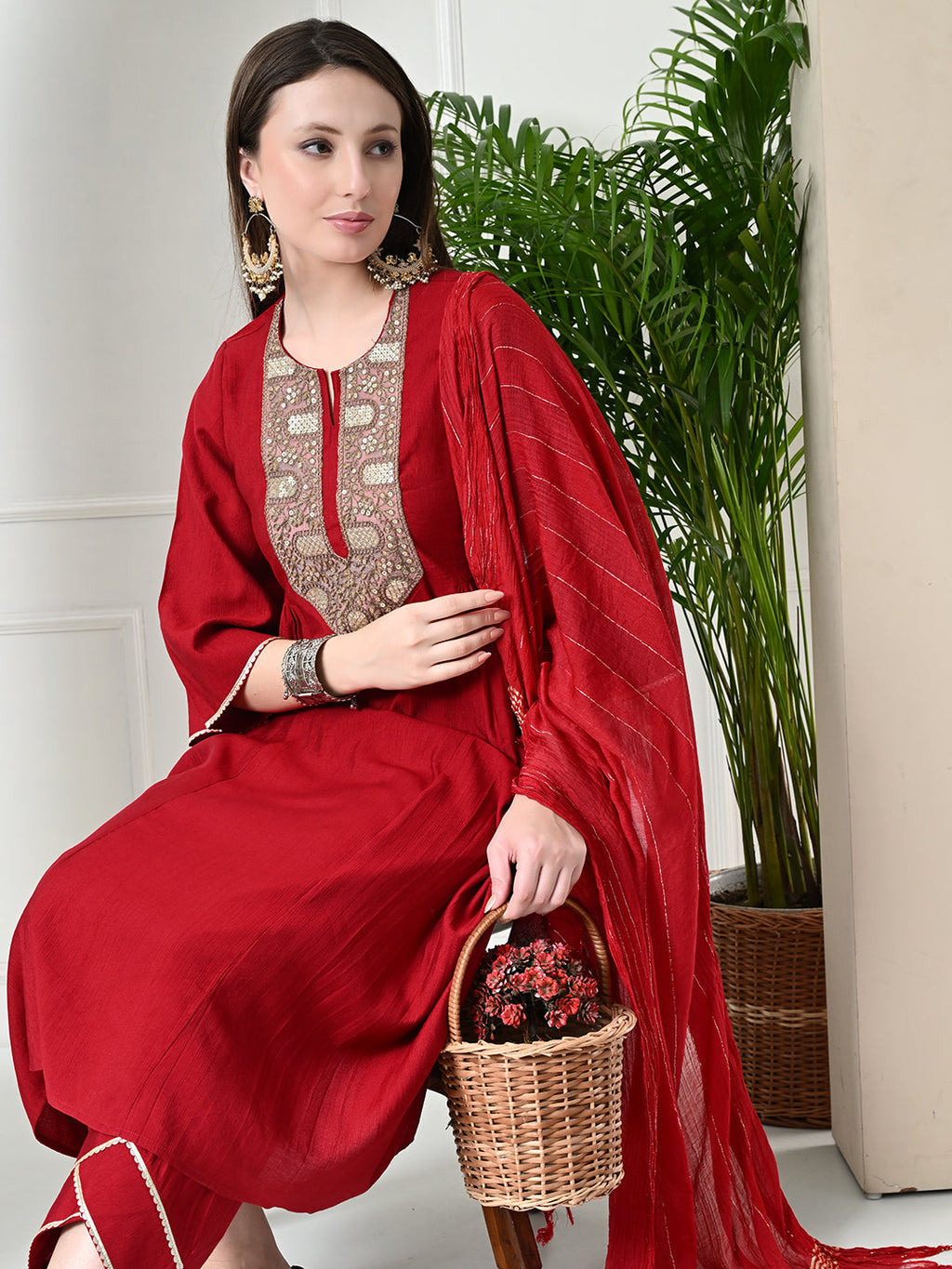 Myshka Women's Embroidered Keyhole Neck Bell Sleeves Kurta & Palazzos With Dupatta Sets in Red Colour | Grocsy