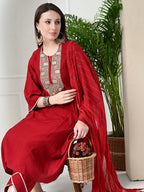 Myshka Women's Embroidered Keyhole Neck Bell Sleeves Kurta & Palazzos With Dupatta Sets in Red Colour | Grocsy