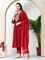 Myshka Women's Embroidered Keyhole Neck Bell Sleeves Kurta & Palazzos With Dupatta Sets in Red Colour | Grocsy