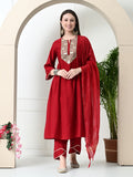 Myshka Women's Embroidered Keyhole Neck Bell Sleeves Kurta & Palazzos With Dupatta Sets in Red Colour | Grocsy