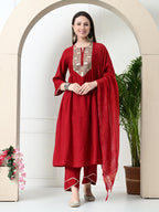 Myshka Women's Embroidered Keyhole Neck Bell Sleeves Kurta & Palazzos With Dupatta Sets in Red Colour | Grocsy