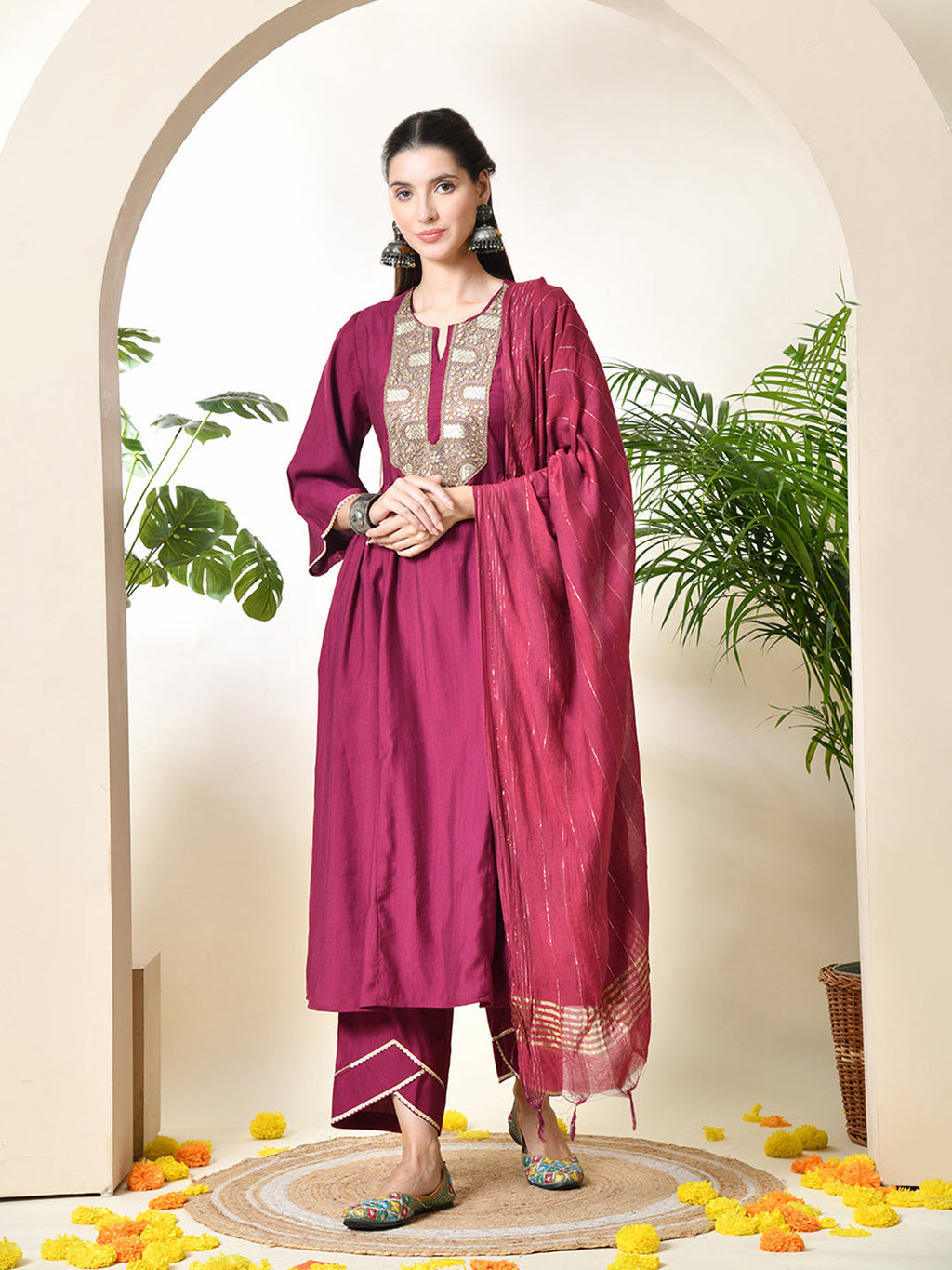 Myshka Women's Embroidered Keyhole Neck Bell Sleeves Kurta & Palazzos With Dupatta Sets in Magenta Colour | Grocsy