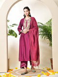 Myshka Women's Embroidered Keyhole Neck Bell Sleeves Kurta & Palazzos With Dupatta Sets in Magenta Colour | Grocsy