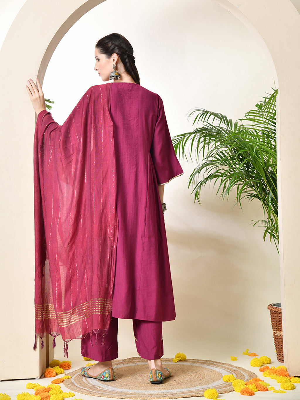 Myshka Women's Embroidered Keyhole Neck Bell Sleeves Kurta & Palazzos With Dupatta Sets in Magenta Colour | Grocsy
