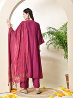 Myshka Women's Embroidered Keyhole Neck Bell Sleeves Kurta & Palazzos With Dupatta Sets in Magenta Colour | Grocsy