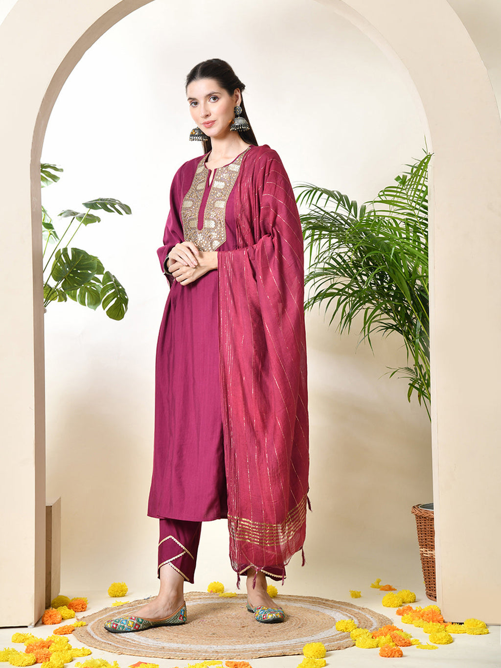Myshka Women's Embroidered Keyhole Neck Bell Sleeves Kurta & Palazzos With Dupatta Sets in Magenta Colour | Grocsy