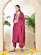 Myshka Women's Embroidered Keyhole Neck Bell Sleeves Kurta & Palazzos With Dupatta Sets in Magenta Colour | Grocsy
