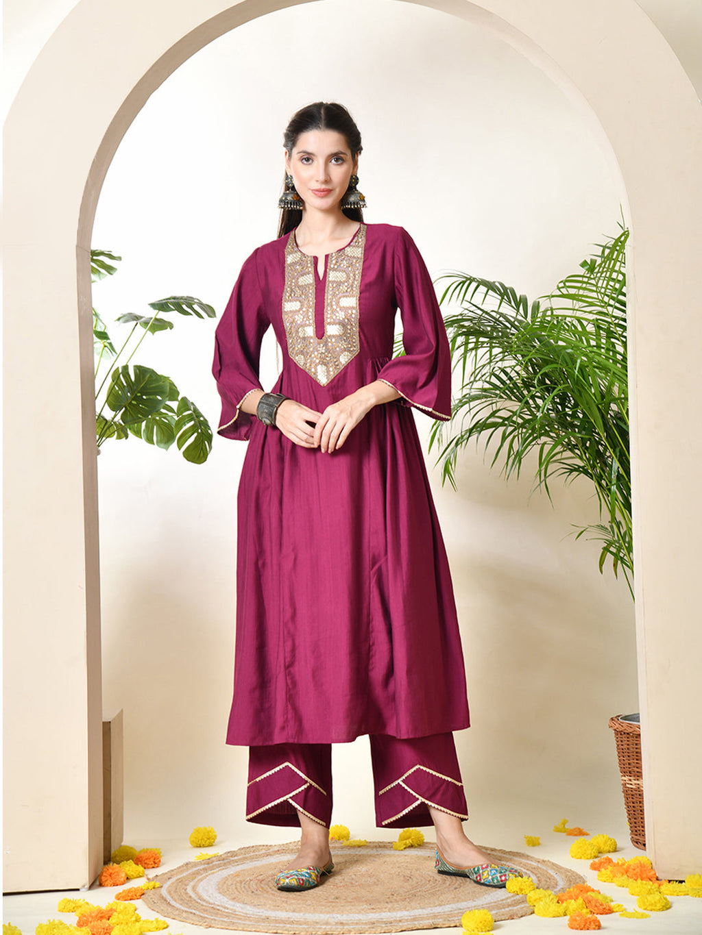 Myshka Women's Embroidered Keyhole Neck Bell Sleeves Kurta & Palazzos With Dupatta Sets in Magenta Colour | Grocsy