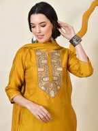 Myshka Women's Embroidered Keyhole Neck Bell Sleeves Kurta & Palazzos With Dupatta Sets in Yellow Colour | Grocsy