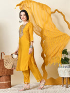 Myshka Women's Embroidered Keyhole Neck Bell Sleeves Kurta & Palazzos With Dupatta Sets in Yellow Colour | Grocsy